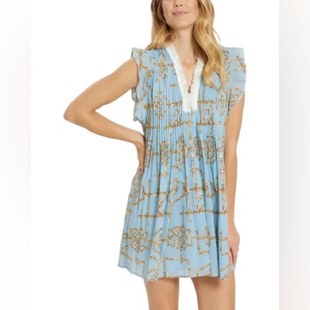 Jude Connally Larissa Swing Blue Patterned Pleated Mini Dress Size XS